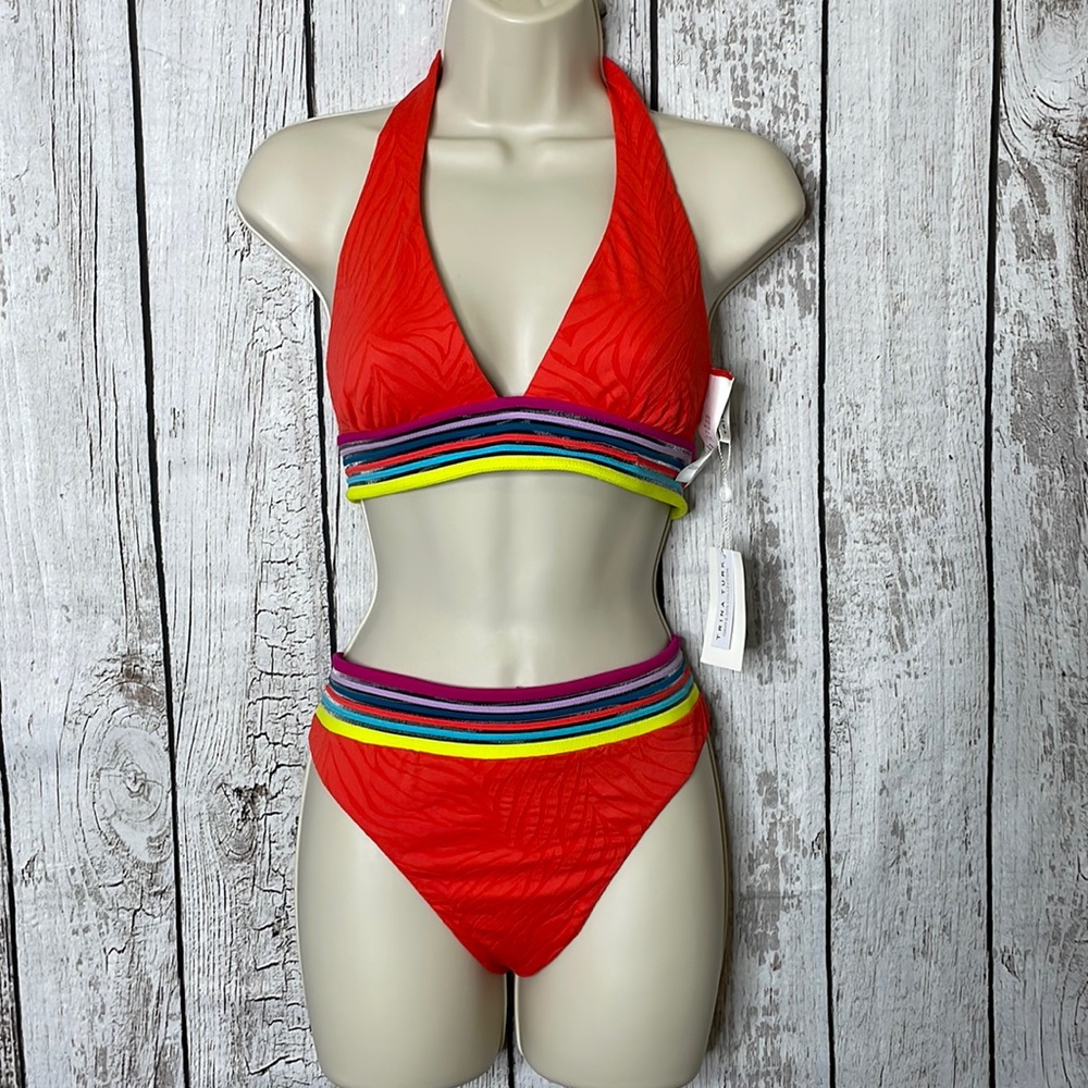 Trina Turk Red Halter Bikini with Multicolor Striped Bands